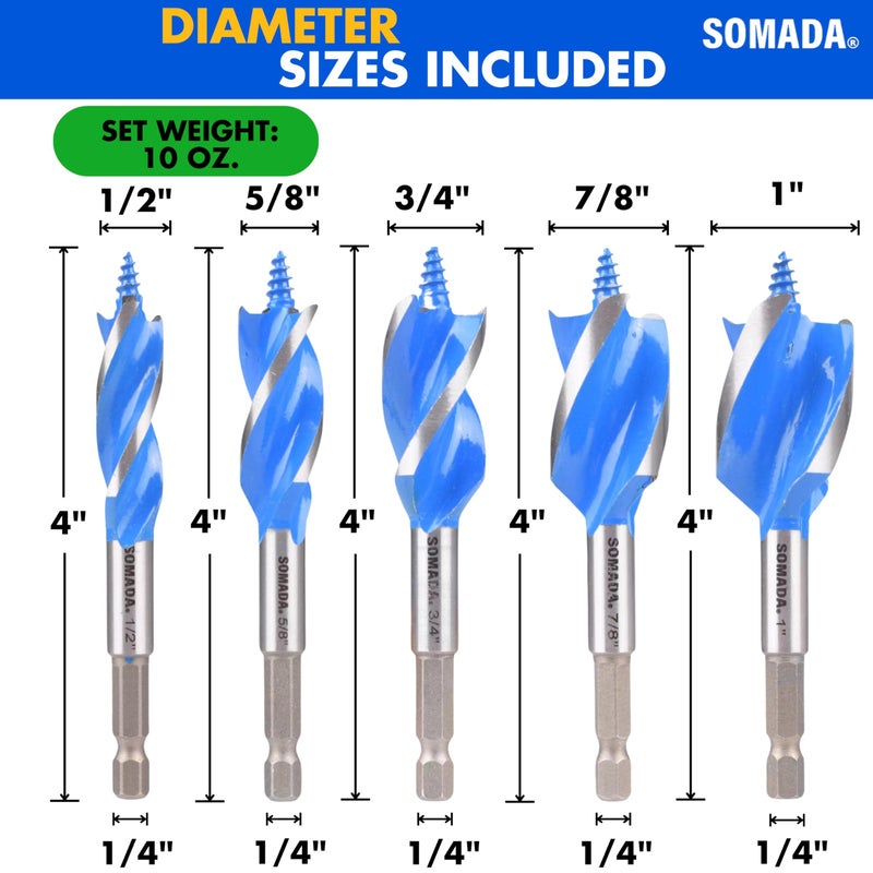 SOMADA Auger Drill Bit Set for Wood  5-Piece  1/2""  5/8""  3/4""  7/8"" and 1"" Inch Size  4-Inch Long with Storage Case  Impact Wood Auger Set with Quick Change - Image 4